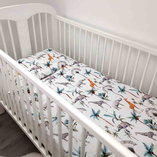 100% cotton newborn bedding set eco friendly up to 18 months pattern with elephants giraffe palm trees safari