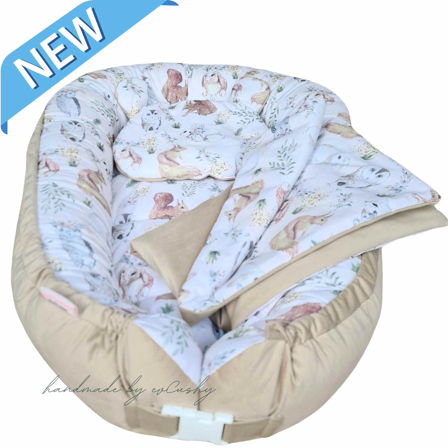 baby nest for newborn cotton and velvet beige with woodland pattern