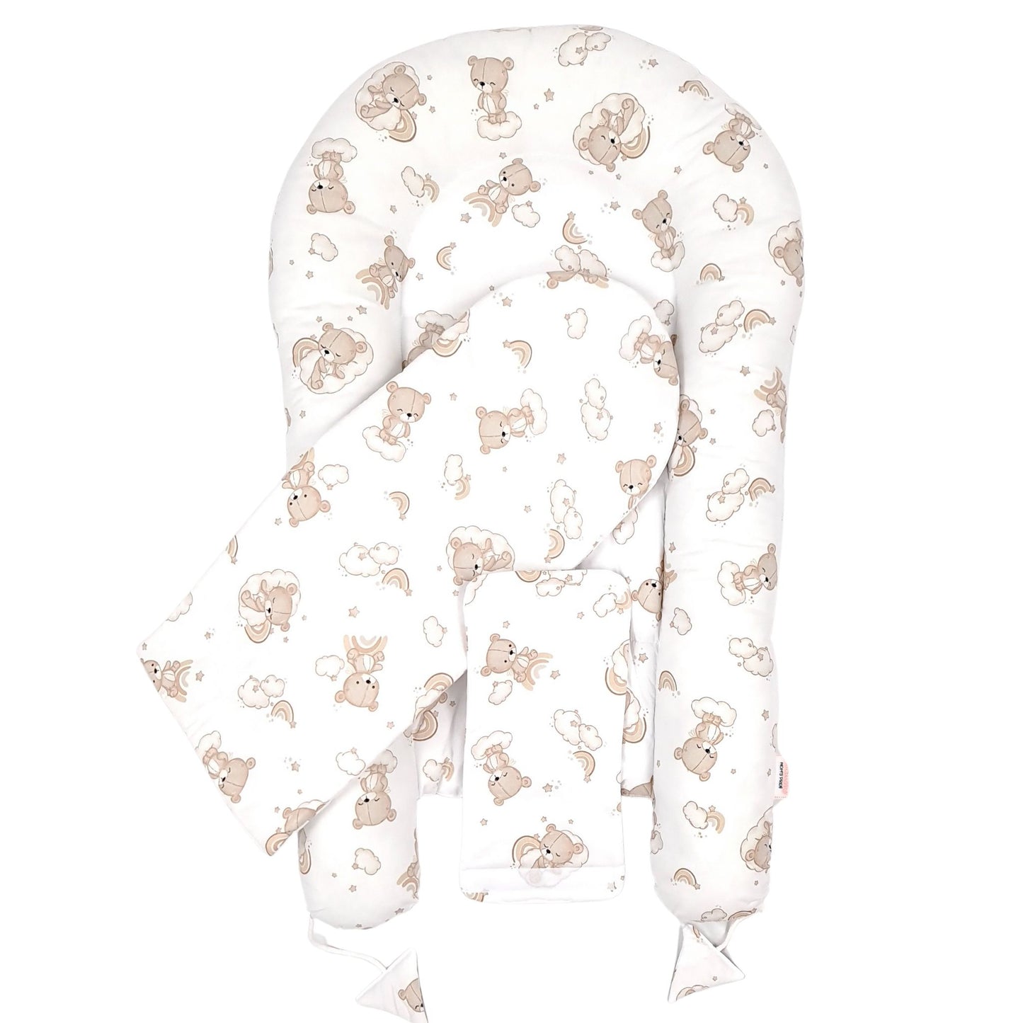 Baby Sleeping Comfortably in Evcushy Cloud Nine Bears Baby Nest with liner and cover for string also play mat or changing mat