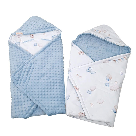Baby swaddle Up in the Sky Blanket  blue fleece side and cotton pattern visible