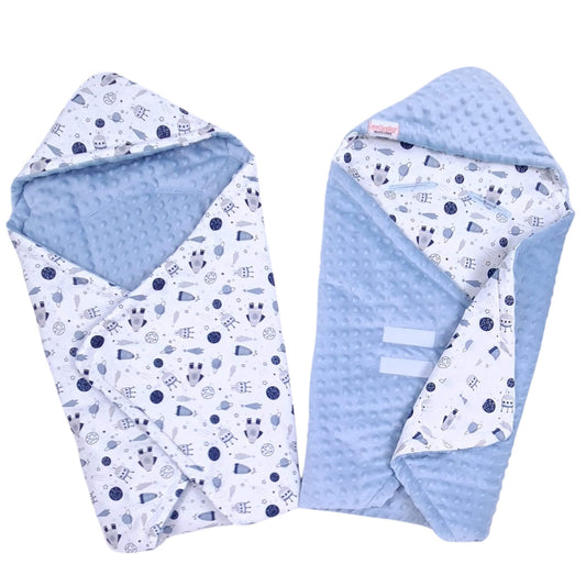 Blue infant car seat blanket with hood – soft plush fleece and space-themed cotton design with rockets and planets. newborn plus