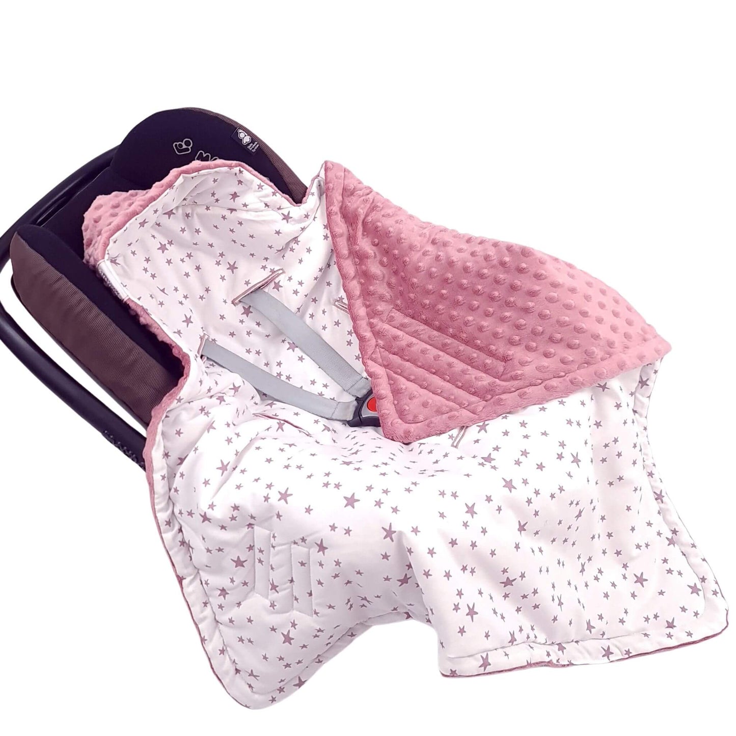 Cozy and breathable baby car seat blanket – double-sided with pink fleece and pink stars on white cotton