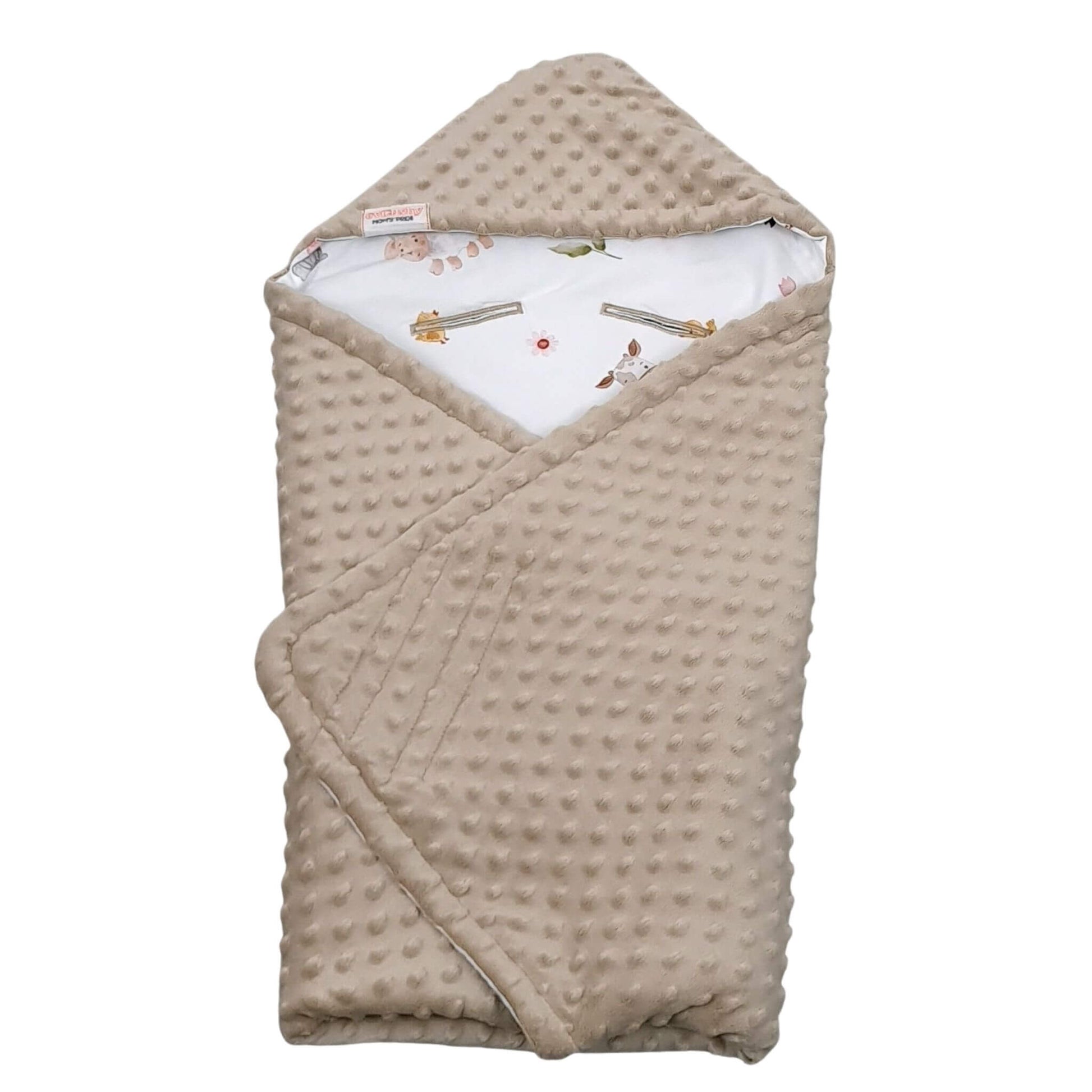 Evcushy Little Farm Friends Car Seat Blanket with farm animals print and mocha minky fleece