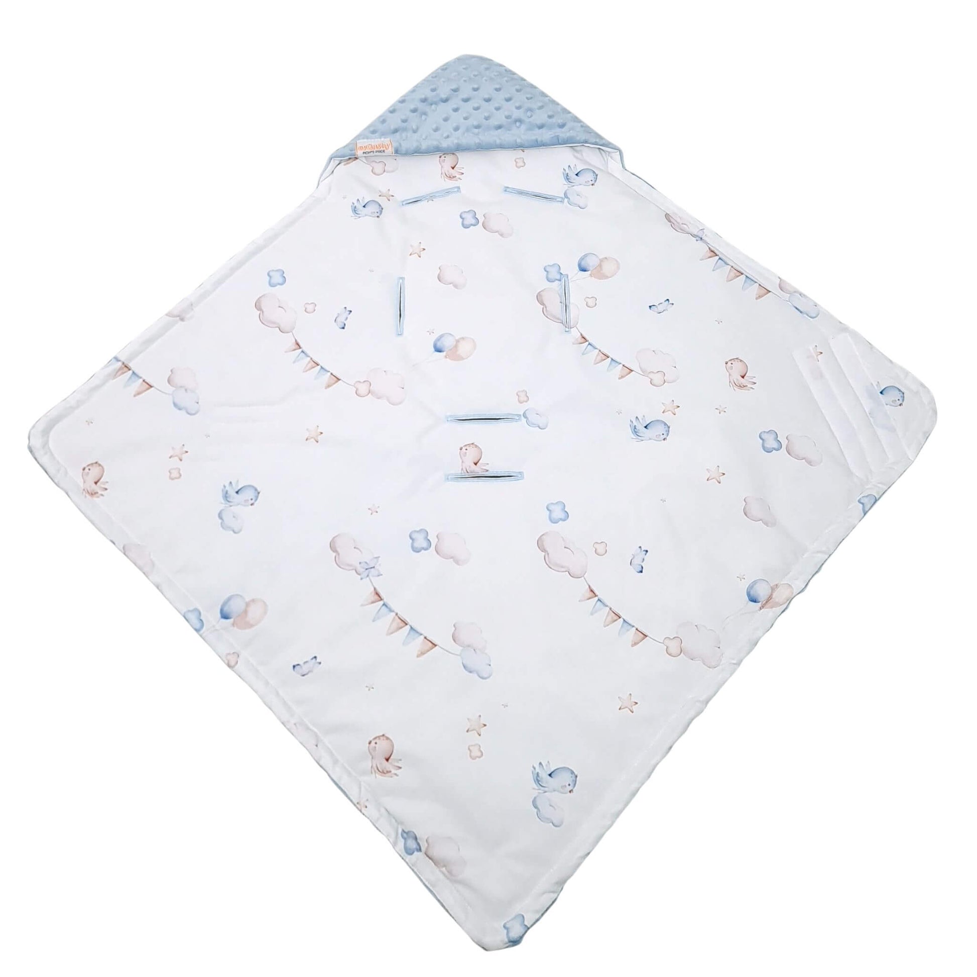 Evcushy Up in the Sky Car Seat Blanket for newborn in blue and beige with birds, clouds, and balloons pattern