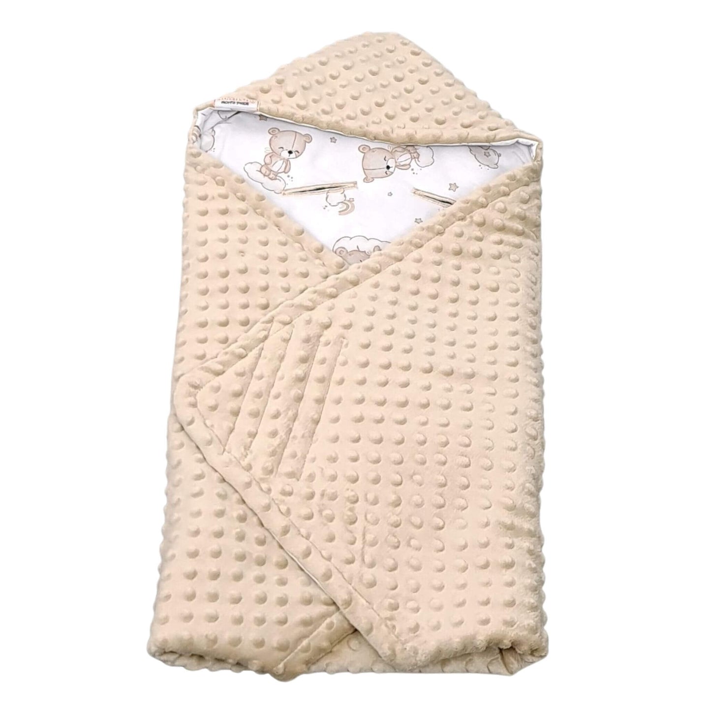 Folded view showing teddy bears on the cloud with rainbows pattern and mocha minky reverse swaddle for newborn