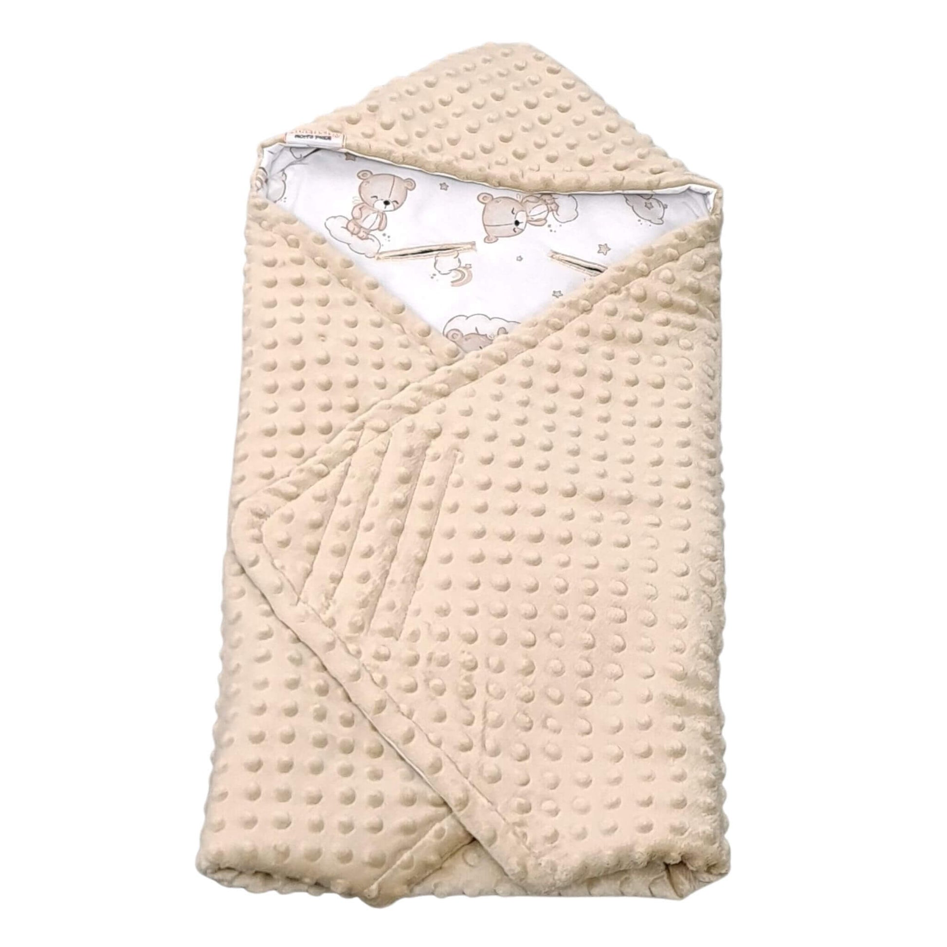 Folded view showing teddy bears on the cloud with rainbows pattern and mocha minky reverse swaddle for newborn
