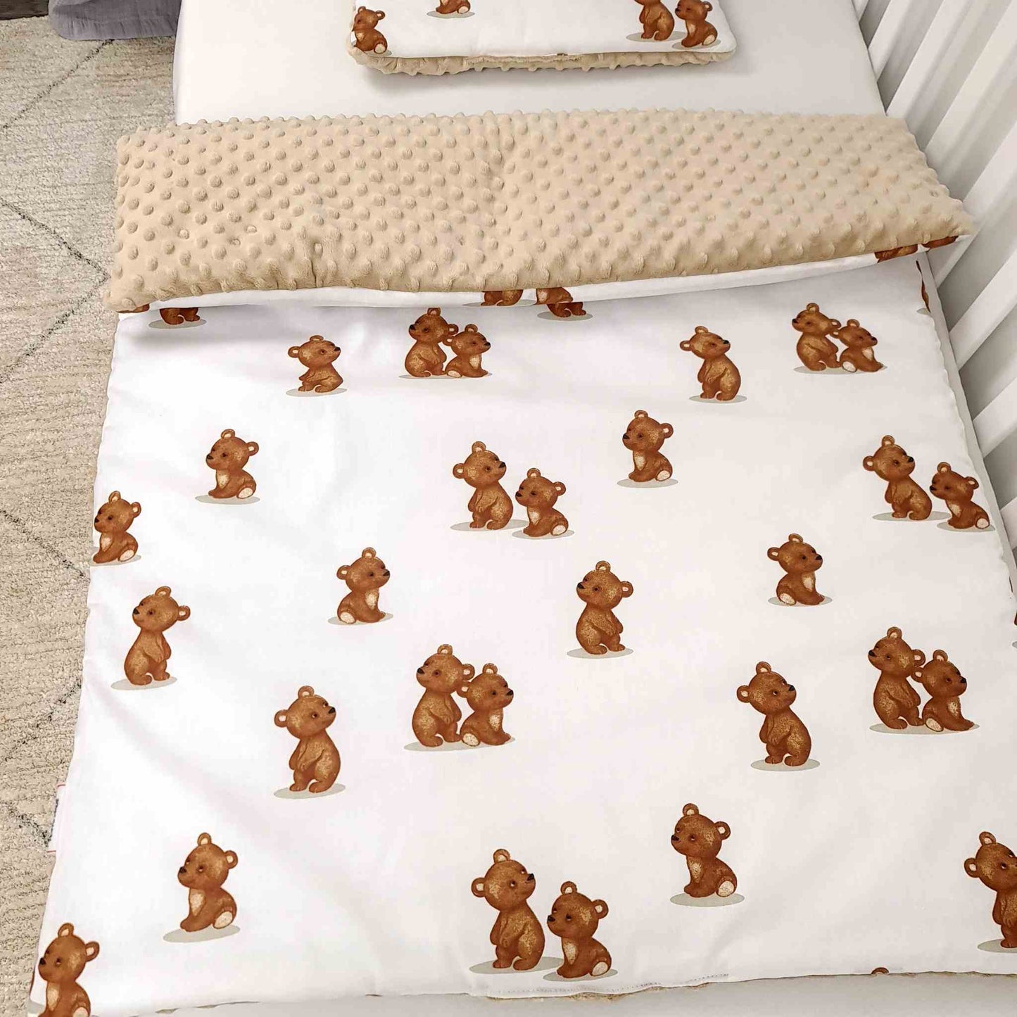 Handmade Baby Bedding Set Featuring Brown Teddy Bears on White Cotton with Plush Beige Reverse 0-18 months