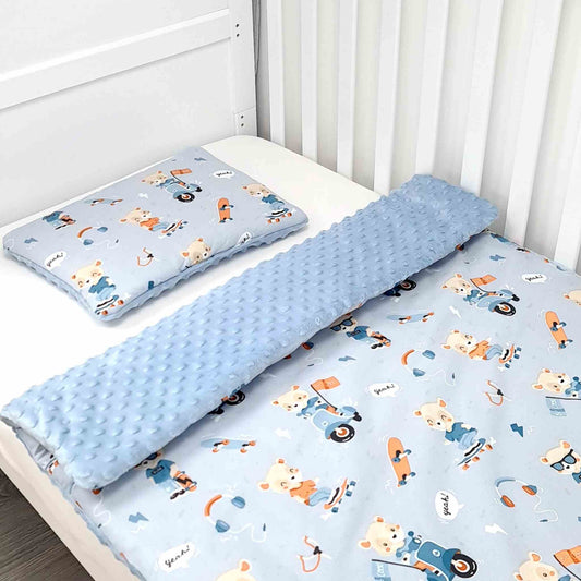Handmade Baby Bedding Set Featuring Cool Teddy Bears on Scooters & Skateboards – 75x100 cm duvet and pillow set 0-8 months cotton & plush