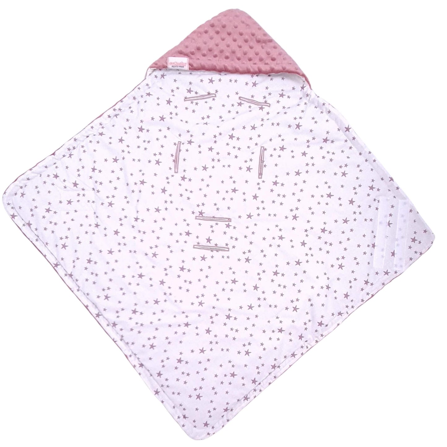 Pink infant car seat blanket with hood – soft plush fleece and delicate pink star pattern on white cotton. newborn plus