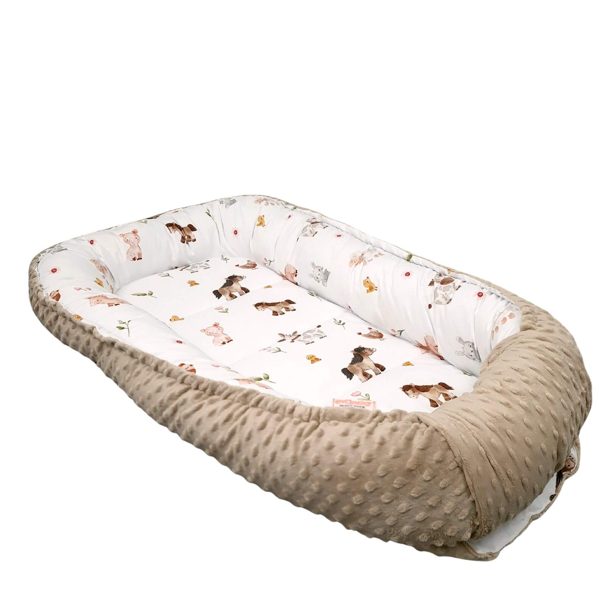Side view of Evcushy Farm Friends toddler pod with mocha minky base and adjustable drawstring sides