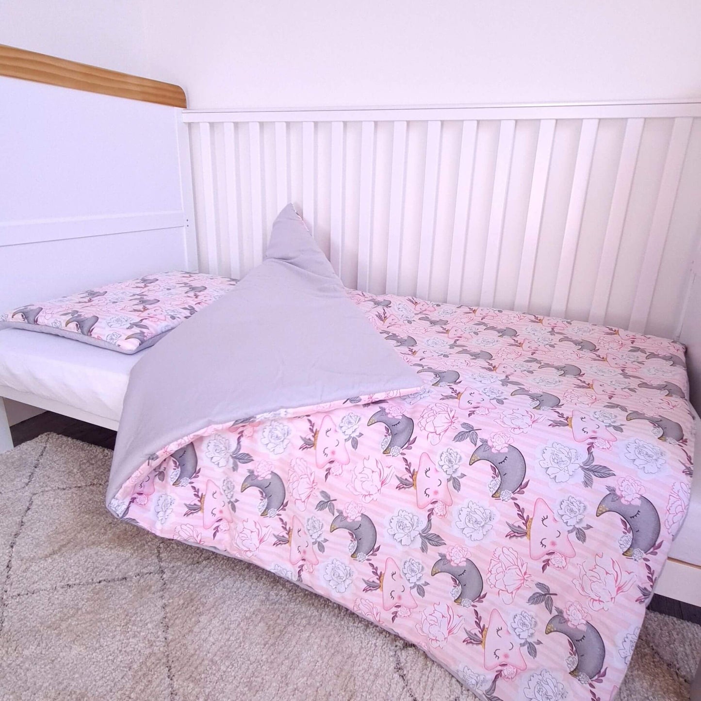 baby girl bedding set pink grey pattern floral with cute stars 100% cotton