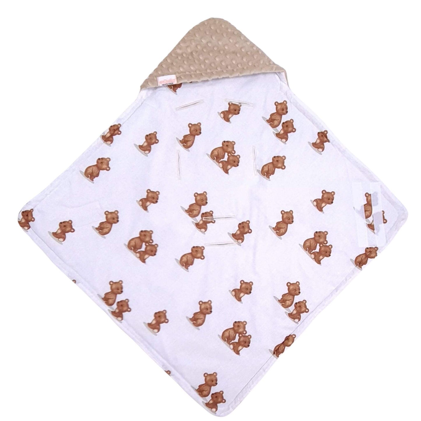 evCushy Teddy Bear Hug Infant Car Seat Blanket – A soft, reversible baby blanket featuring beige plush fleece and a cute teddy bear print on breathable cotton, perfect for newborns.