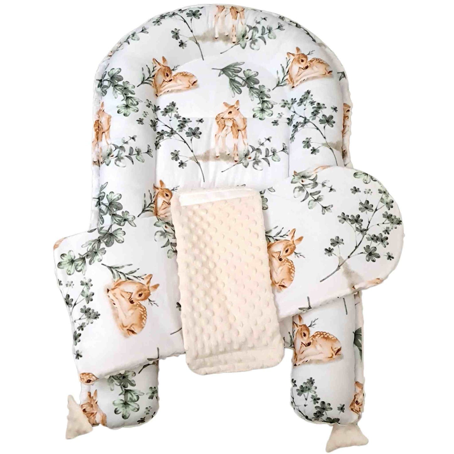 safe baby nest with liner cream colour unisex pattern with baby deers and eucaliptus pattern for newborn evCushy