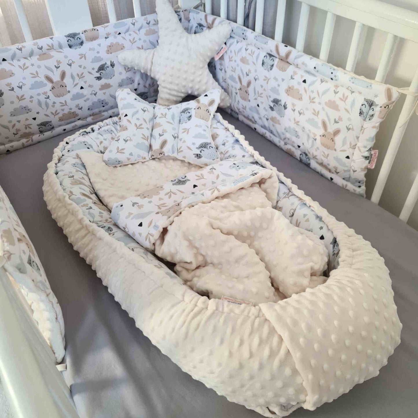 evcushy infants nest sleeping pod cream fleece colour and owls and bunnies design