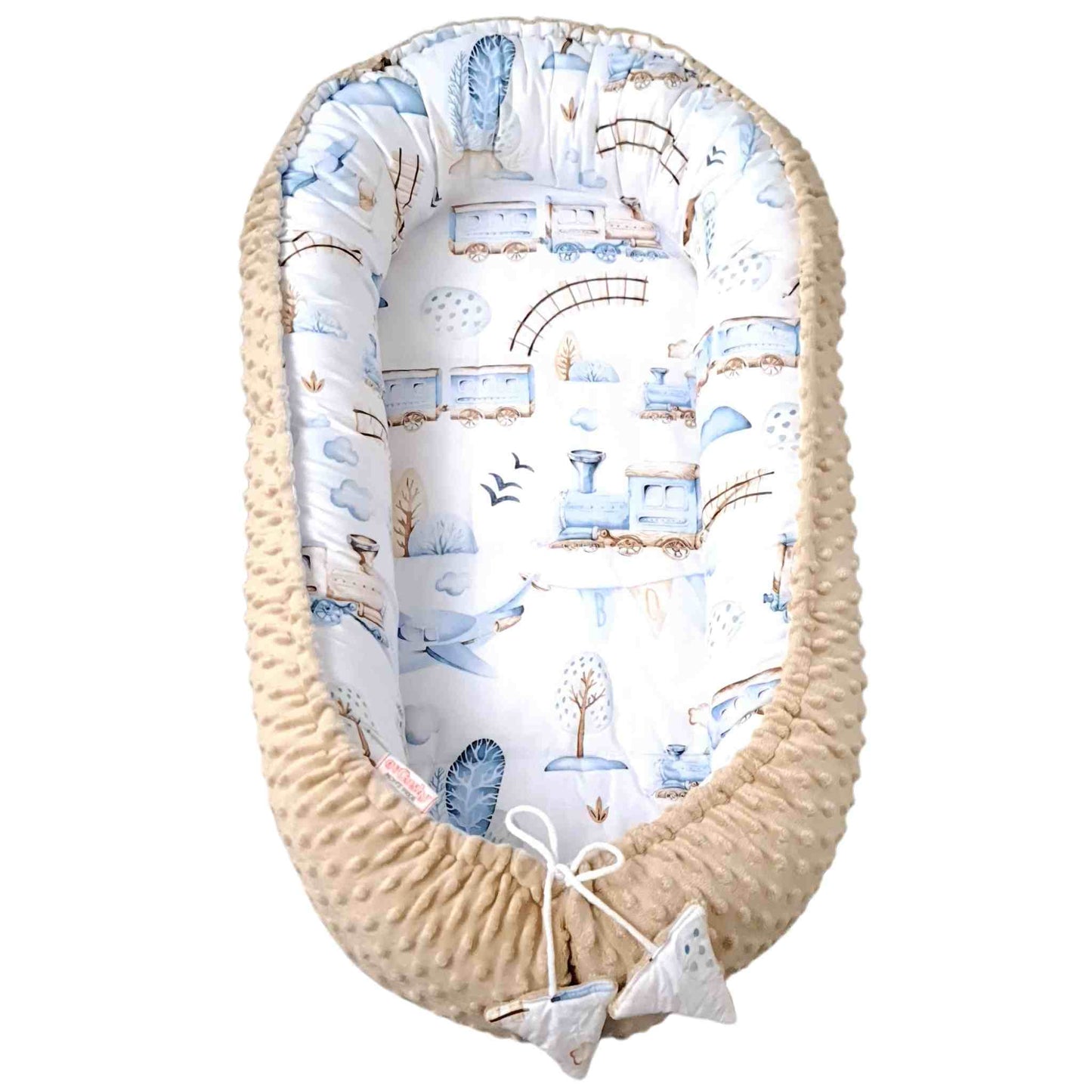 baby nest for newborn sleep pod lounger beige plush and 100% cotton with train pattern evCushy