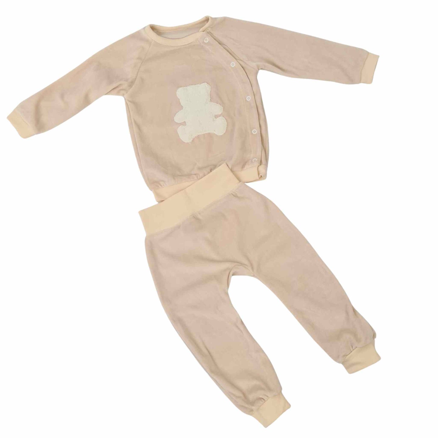 baby tracksuit beige colour soft velour teddy bear 3d opened on the side with fast snaps comfortable baby clothes