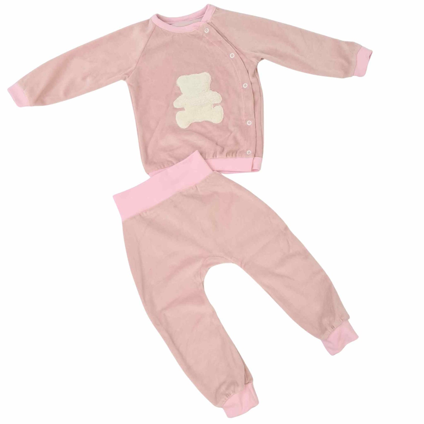 baby tracksuit soft velour pink machine washable baby clothes swatsheart with snaps and teddy design eco friendly cotton made by evCushy