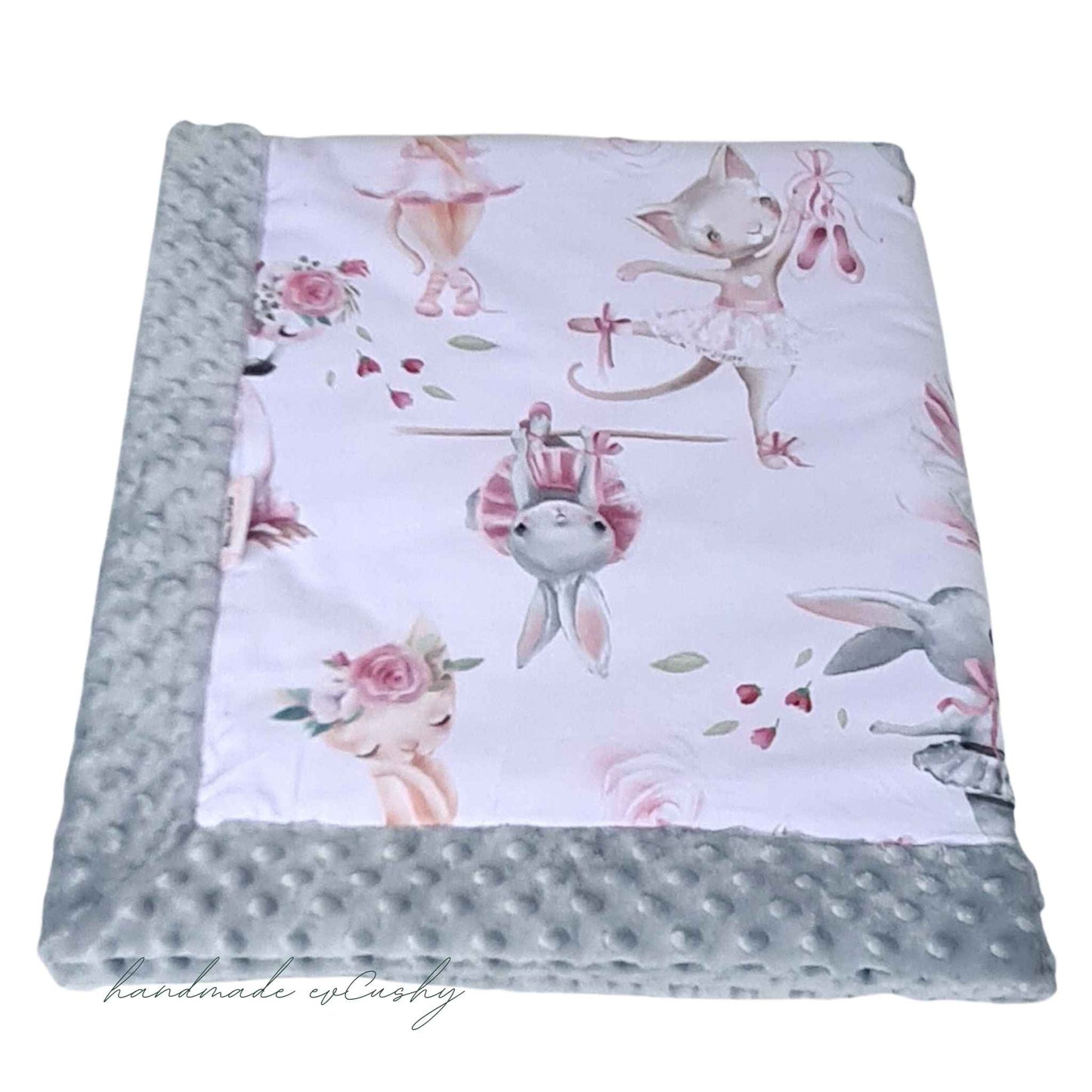 baby blanket warm blankee for baby with ballerinas pattern pink and grey fleece