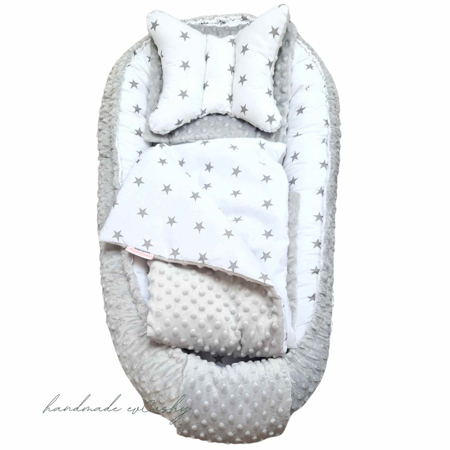 best baby nest with pillow and blanket white with grey stars and grey dimple fleece on reverse evcushy with blanket and pillow