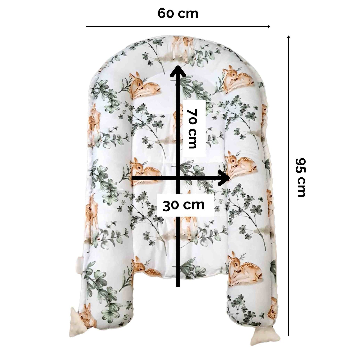 evCushy baby nest 0-7 months baby deer and eucaliptus leaves pattern cotton dimole fleece in ecru colour