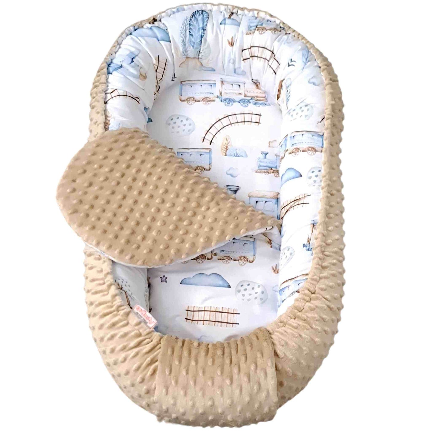 baby nest for boys 0-7 months sleep pod beige plush and 100% cotton evCushy