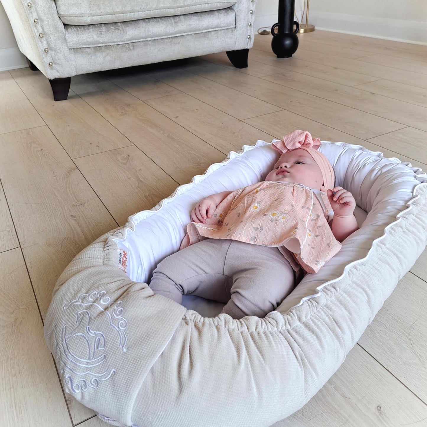 baby sleeping pod beige with white from newborn