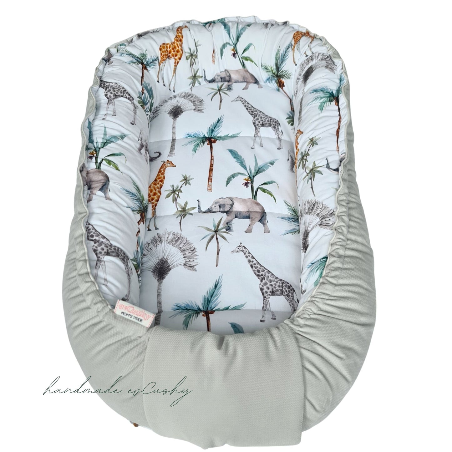 baby nest safari animals sleeping pod grey velvet and 100% cotton