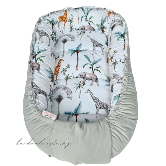 baby nest safari animals sleeping pod grey velvet and 100% cotton