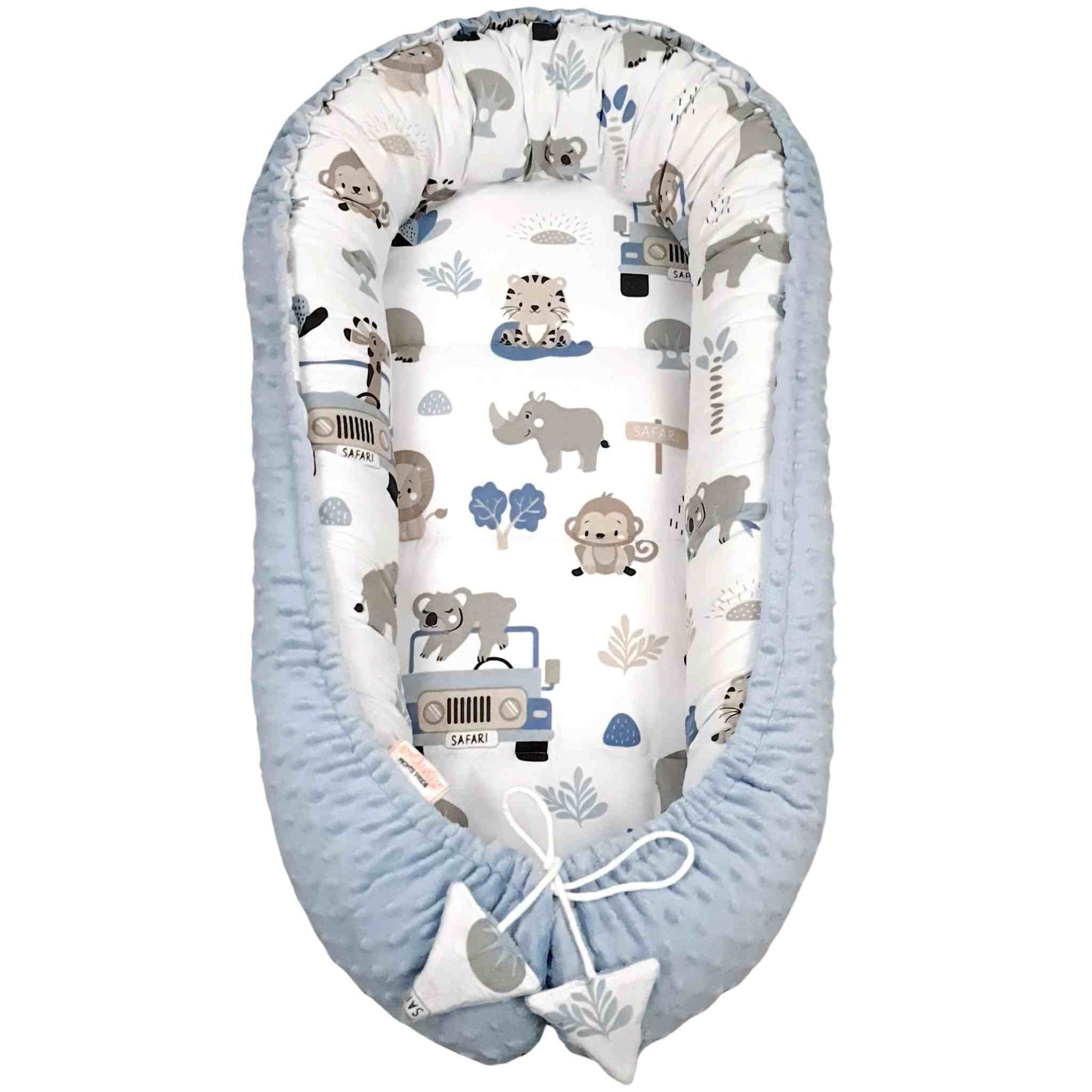 blue nest for baby boy in Ireland breathable cotton safari pattern evCushy portable lightweight reversible