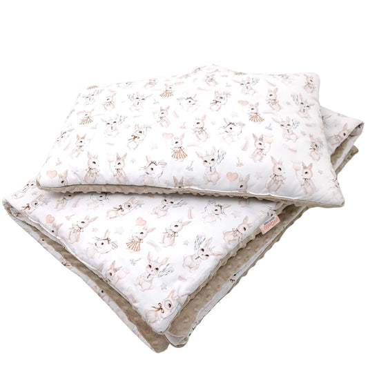 Retro bunny toddler quilt and pillow with breathable silicon filling. handmade duvet and pillow.