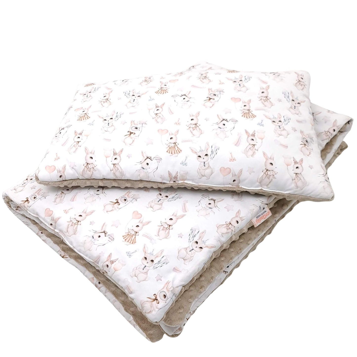 Retro bunny toddler quilt and pillow with breathable silicon filling. handmade duvet and pillow.