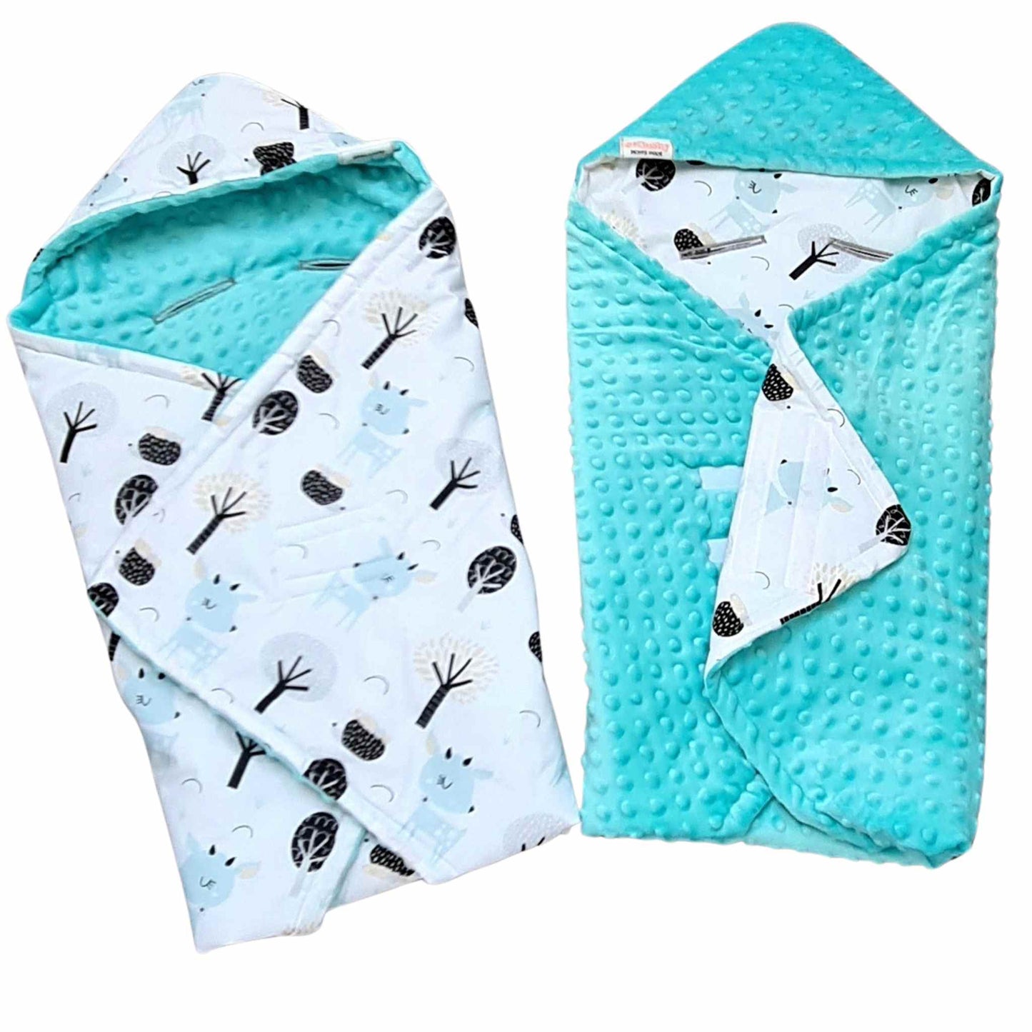 car seat blanket for newborn with hood and velcro has holes for harness blue aqua turquise cosy plush and cotton deer pattern evCushy