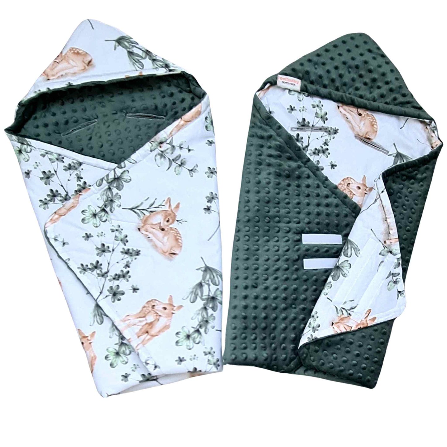 car seat swaddle with hood and velcro cosy plush green and deer pattern blanket with holes