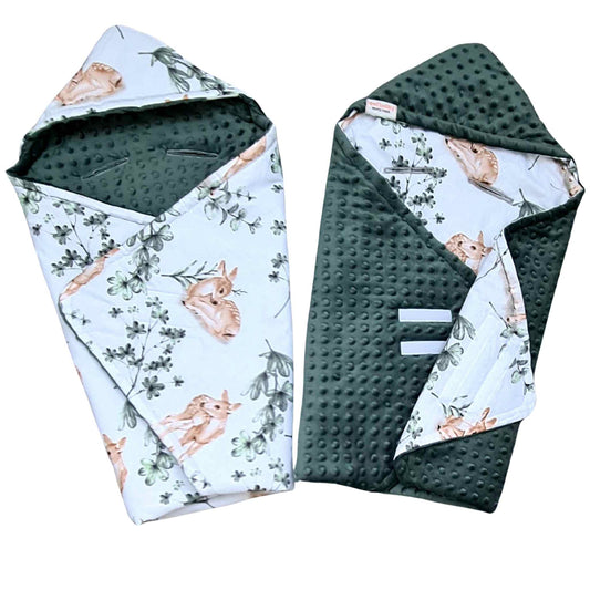 car seat swaddle with hood and velcro cosy plush green and deer pattern blanket with holes