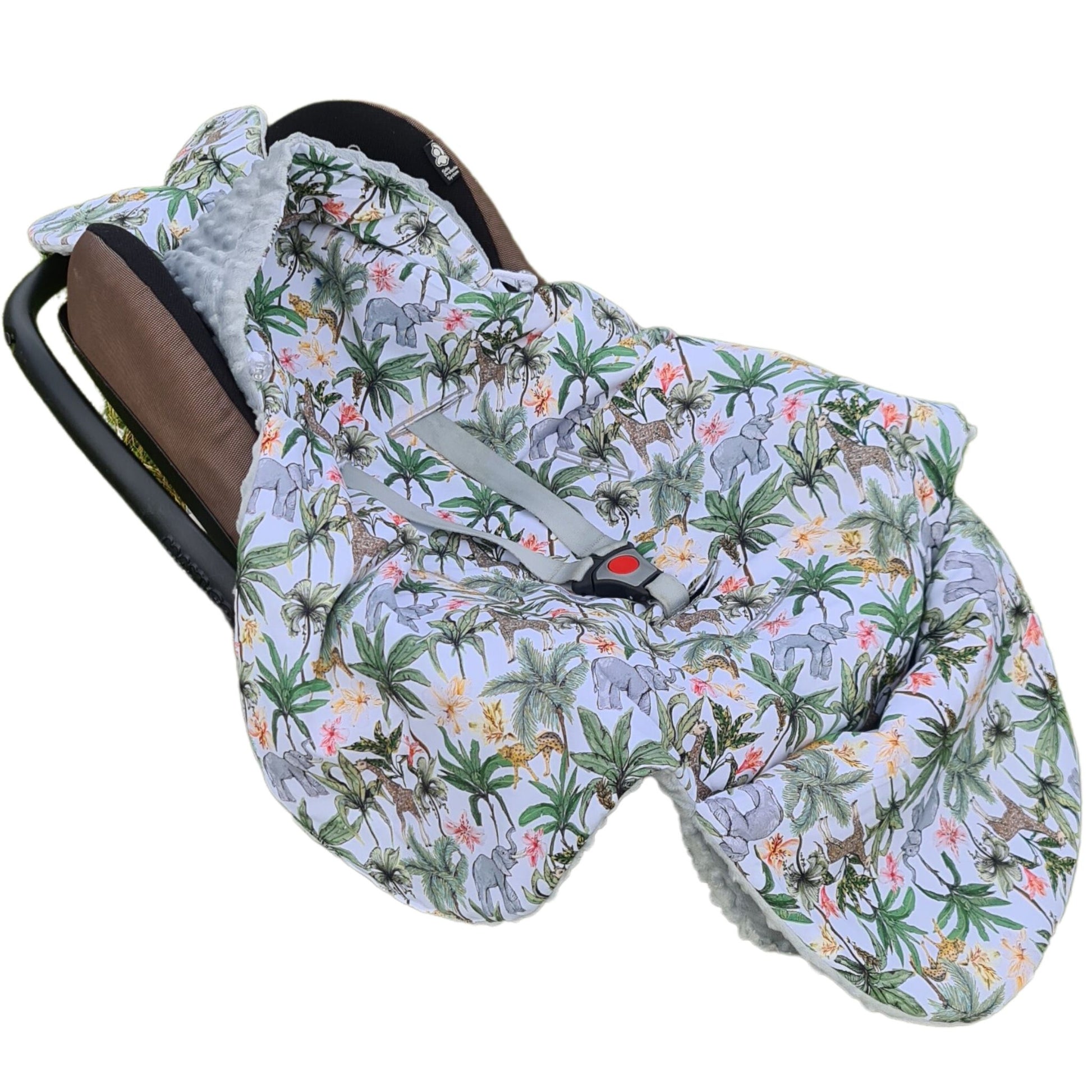 car seat blanket 0-12 months with hood jungle design cotton grey fleece evcushy