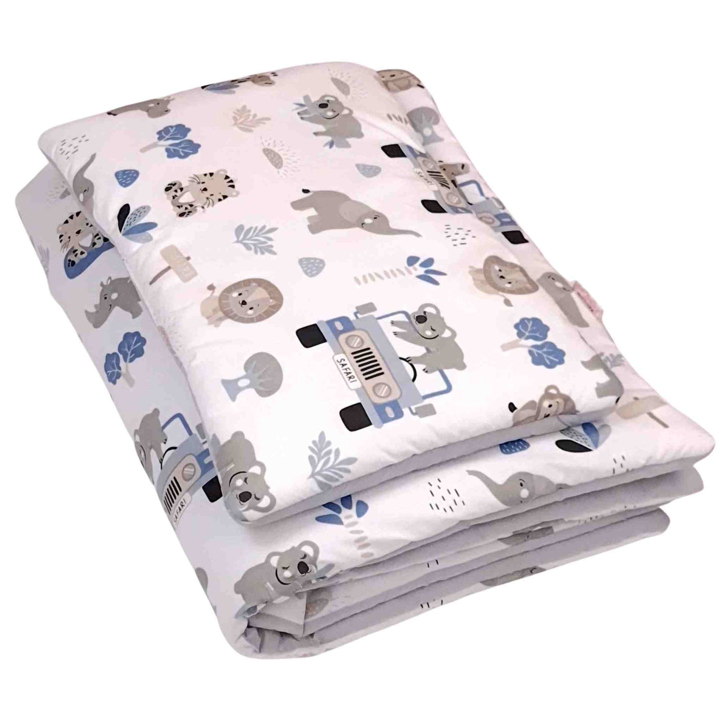 children bedding set with filling for boys safari jeep with animals blue and grey 100% cotton