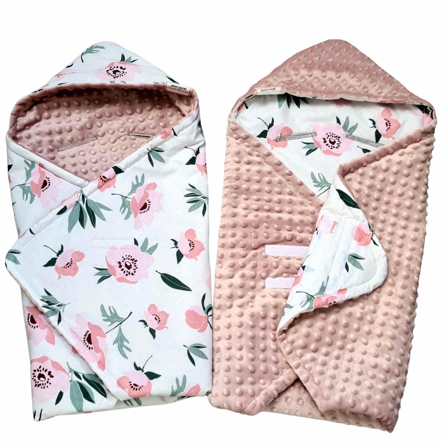cosy infants car seat blanket pink plush flowers pattern poppies swaddle with hood and velcro closure evCushy