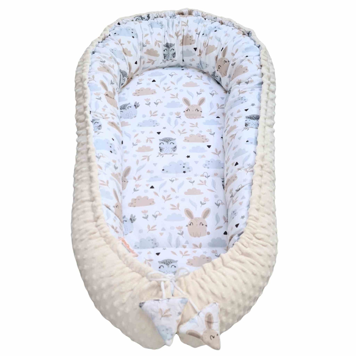 Baby Nest Pod Lounger – 100% Cotton & Snuggly Fleece Owls & Bunnies