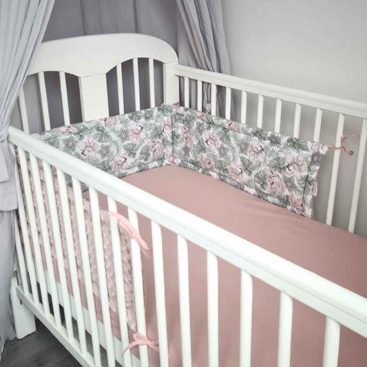 cot crib padded bumper for baby girl with floral green pattern pink 210cm long