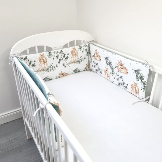 Cot Bed Bumper Protector 3 x 70cm Fit Cot Bed 70x140 cm  Deer| Sage Green
