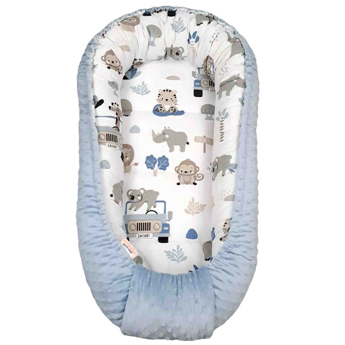 blue nest for baby boy in Ireland breathable cotton safari pattern evcushy