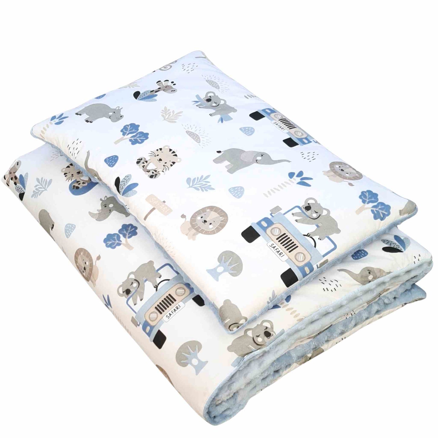 duvet and pillow set for baby toddler blue safari jeep animals all year round