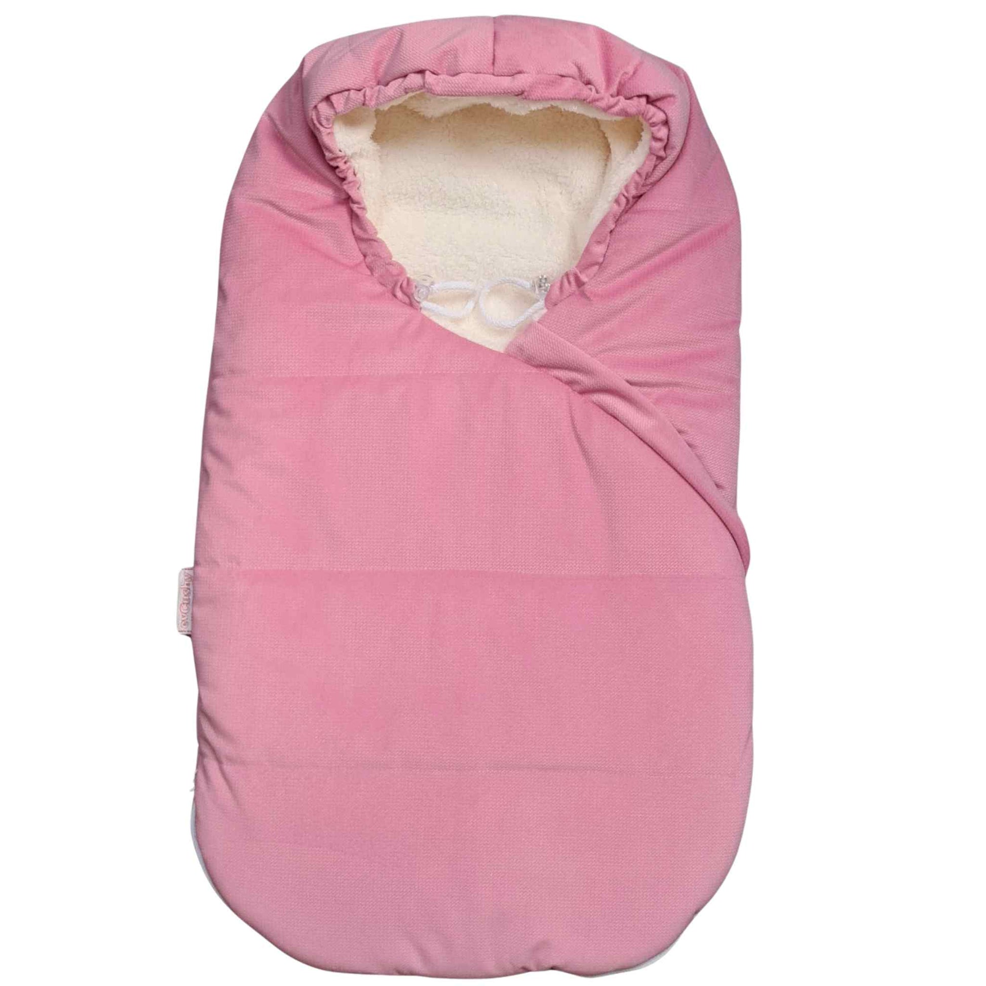evCushy footmuf for baby 0-6 months velvet and teddy with hood pink handmade two way zip