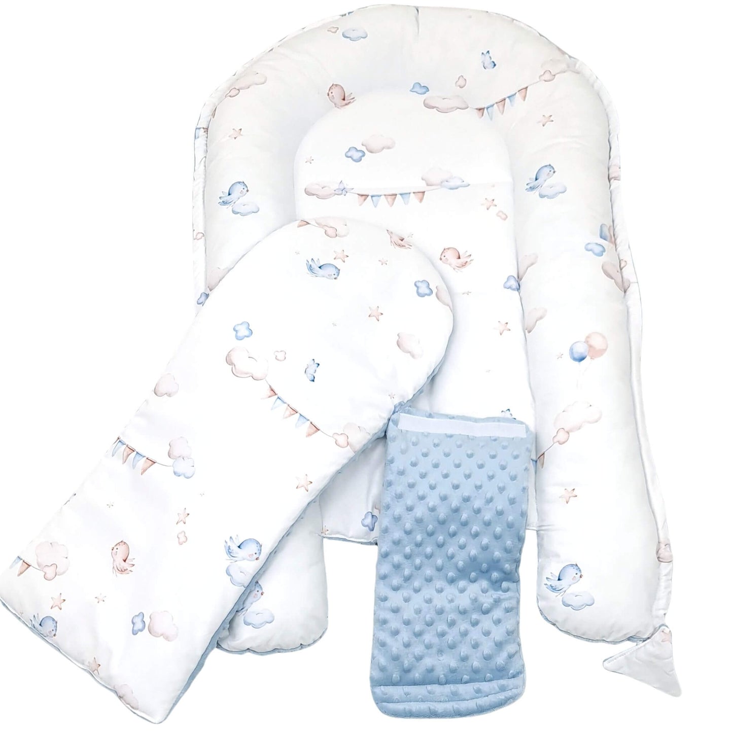 Clouds, bunting and birds pattern on breathable cotton baby nest – newborn sleep accessory