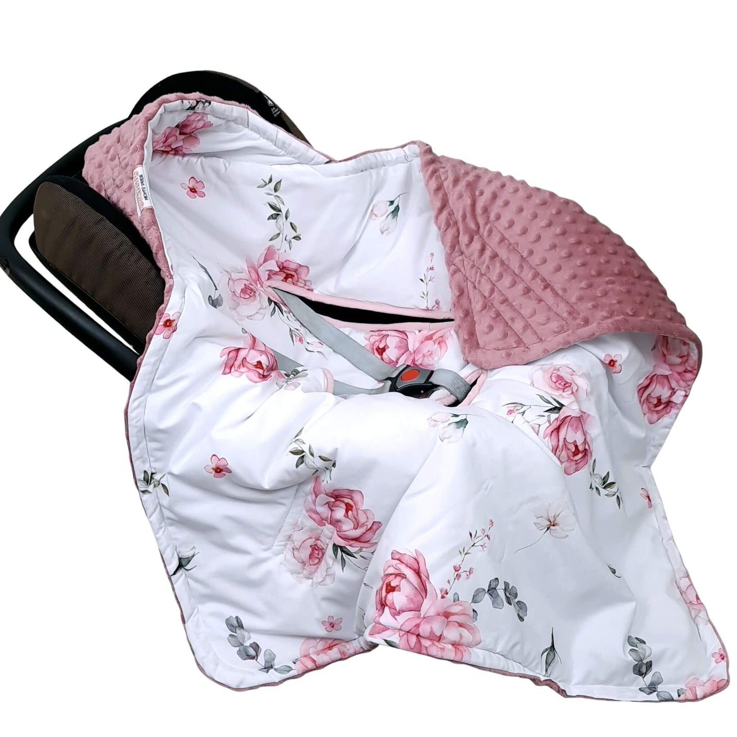 Blooming Rose car seat blanket with dark pink plush compatible with 5 point harness