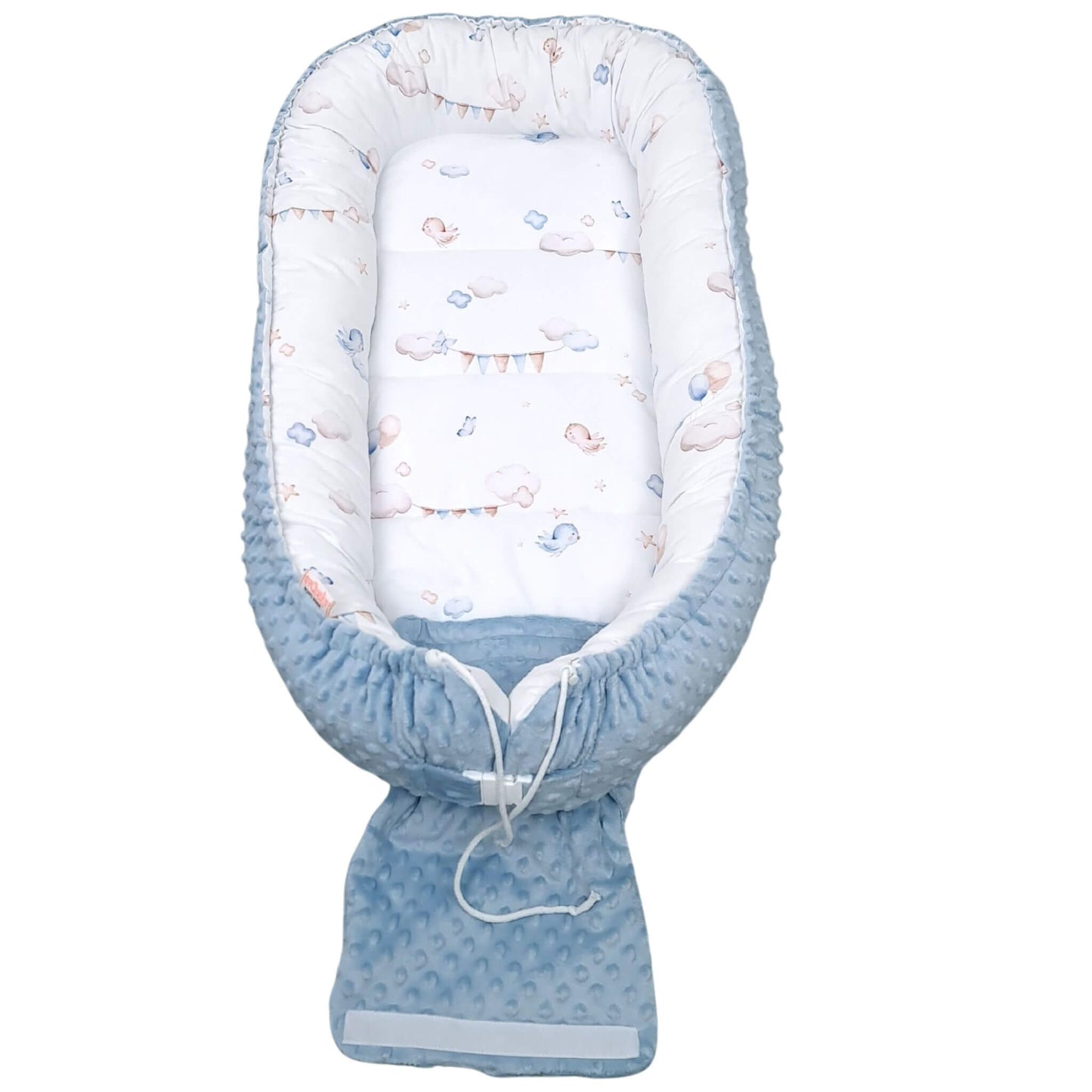Luxury blue baby nest with secure buckle and drawstring detail