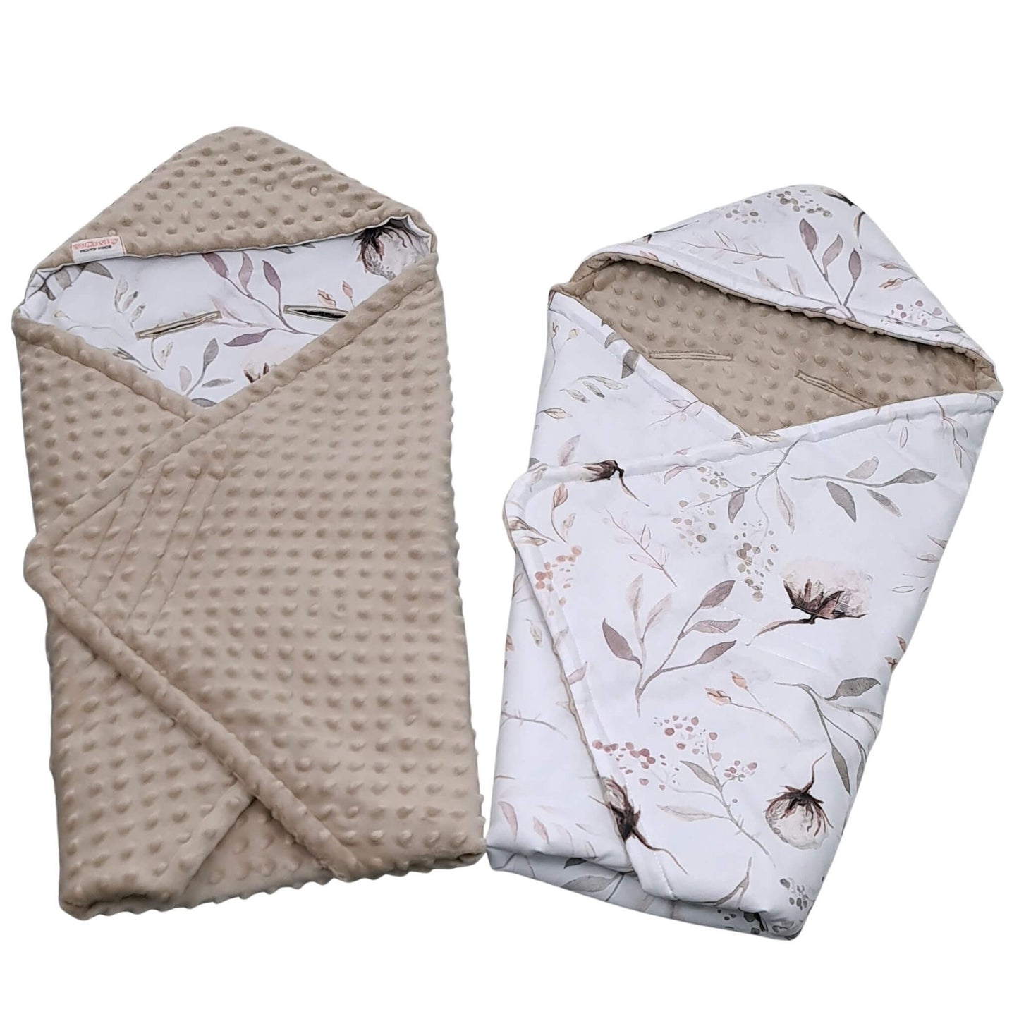 Evcushy Cotton Blossom double-sided car seat blanket showing floral cotton print and toupe plush fleece reverse