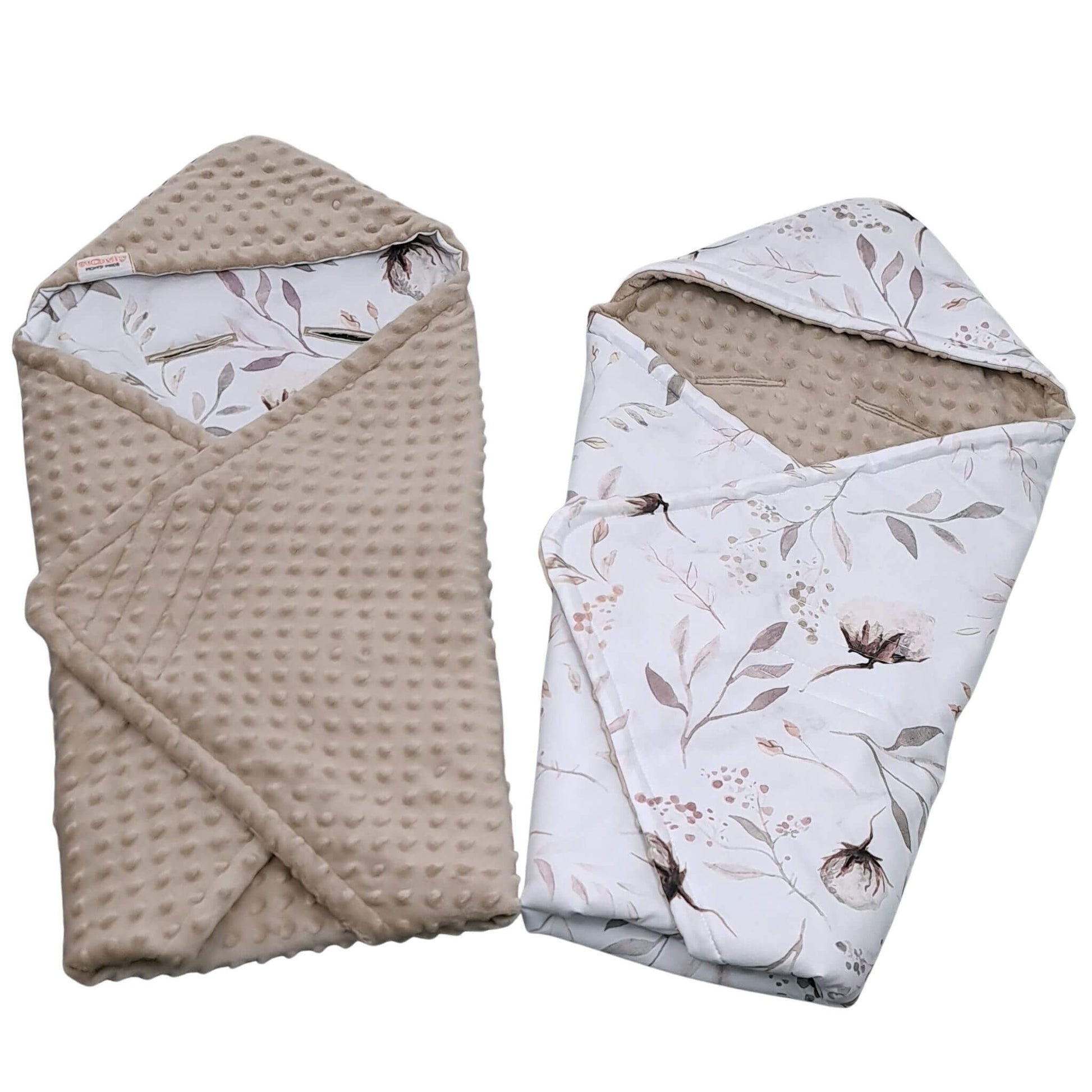 Evcushy Cotton Blossom double-sided car seat blanket showing floral cotton print and toupe plush fleece reverse