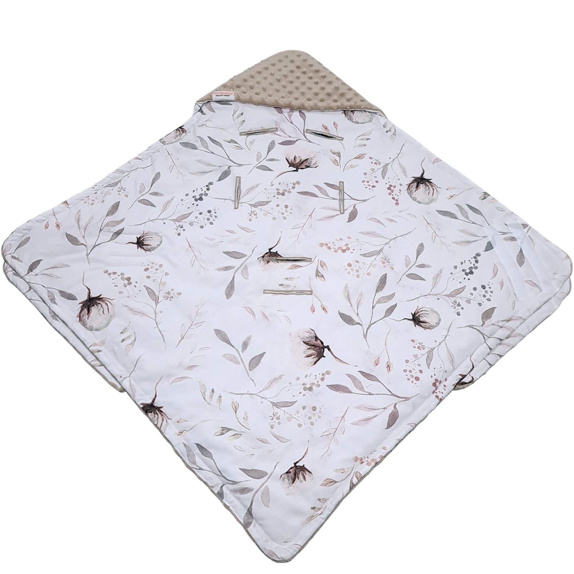 Close-up of Cotton Blossom floral cotton fabric in soft white and delicate flowers from Evcushy blanket collection