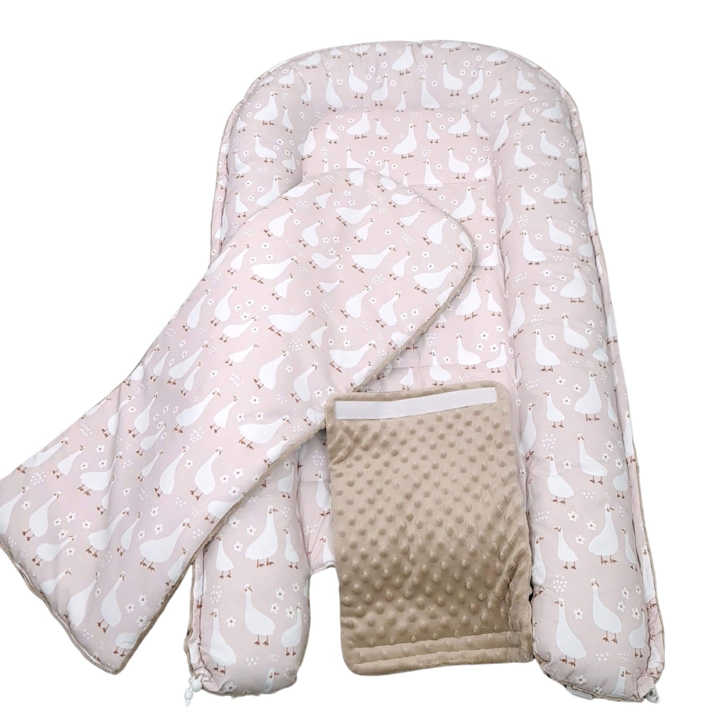 Top view of toddler nest with geese and white flowers print toddler nest 0-36 months